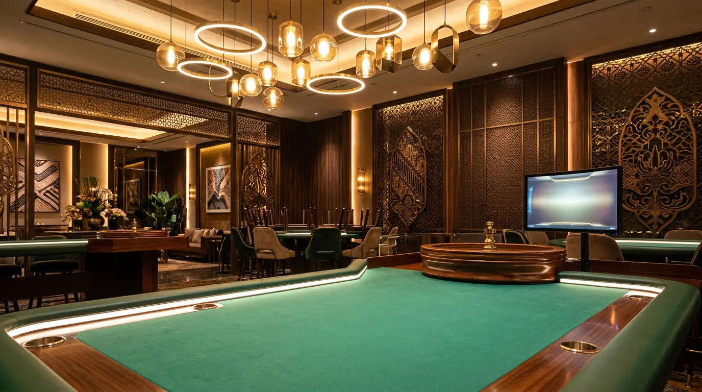 Suasana studio live casino dengan meja hijau